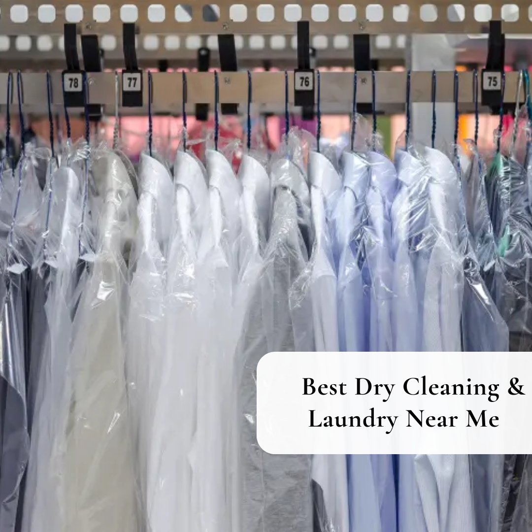 Customer picking up freshly cleaned clothes from a modern dry cleaning and laundry store.