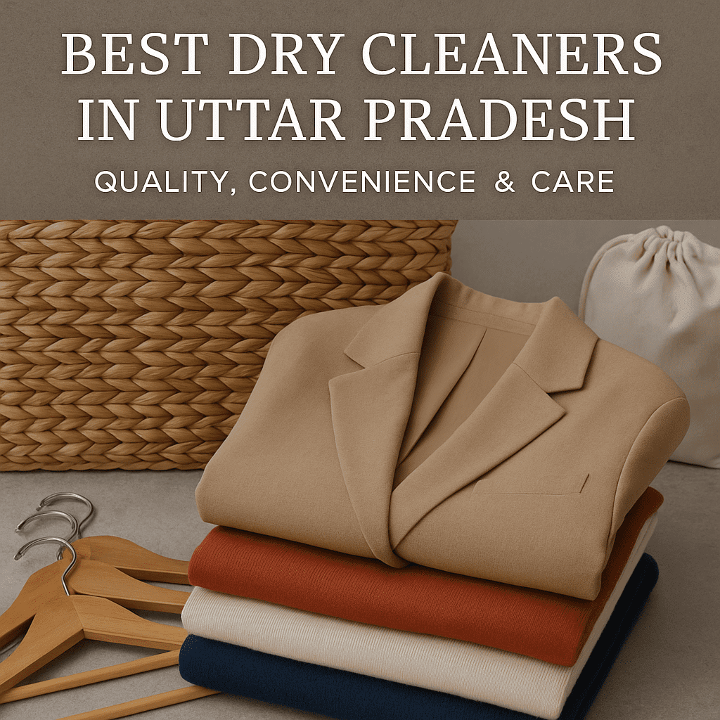Neatly folded blazer and sweaters placed beside wooden hangers and a woven basket representing premium garment care by the best dry cleaners in Uttar Pradesh